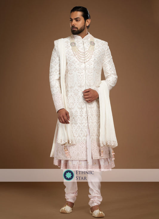 Cream Raw Silk Anarkali Style Sherwani In Embroidery Work