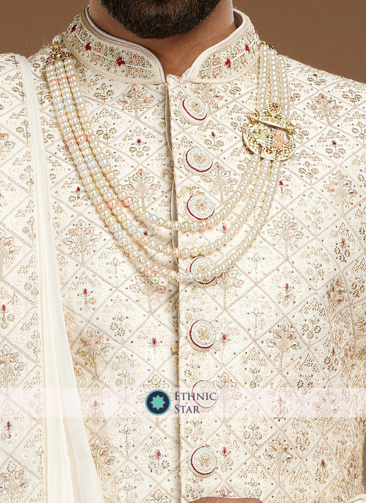 Wedding Wear Cream Embroidered Sherwani For Groom