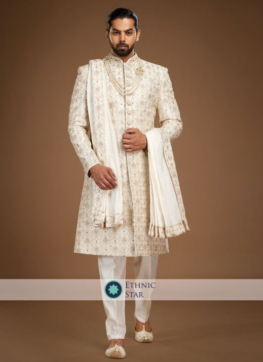 Wedding Wear Cream Embroidered Sherwani For Groom