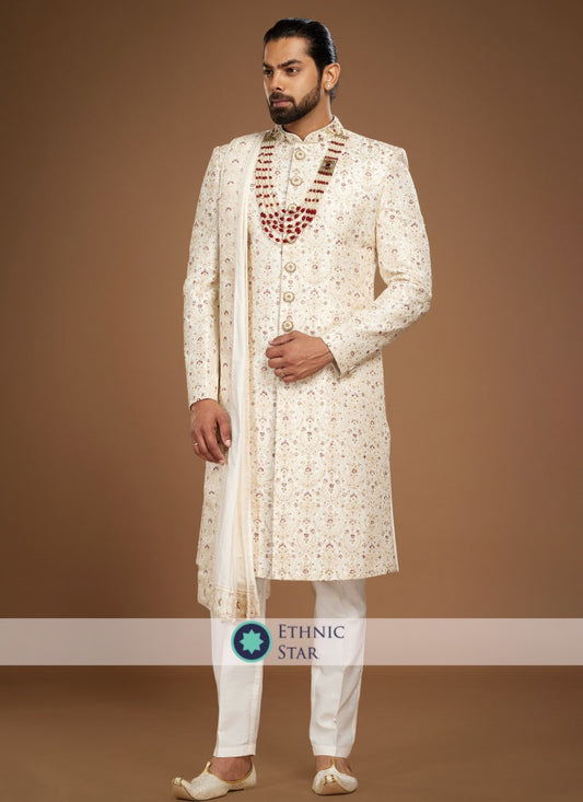 Readymade Silk Sherwani With Embroidered Work