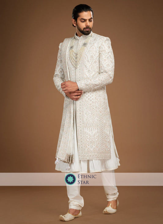 Attractive Off White Embroidered Anarkali Style Silk Sherwani