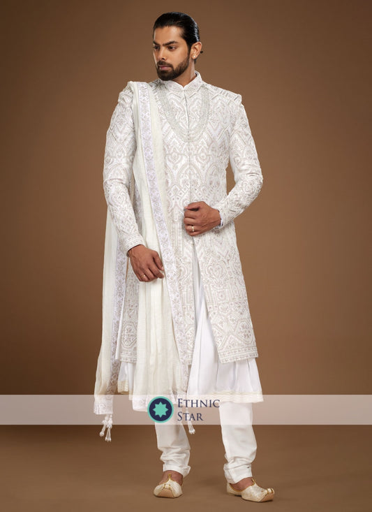 Anarkali Style White Embroidered Groom Sherwani Set