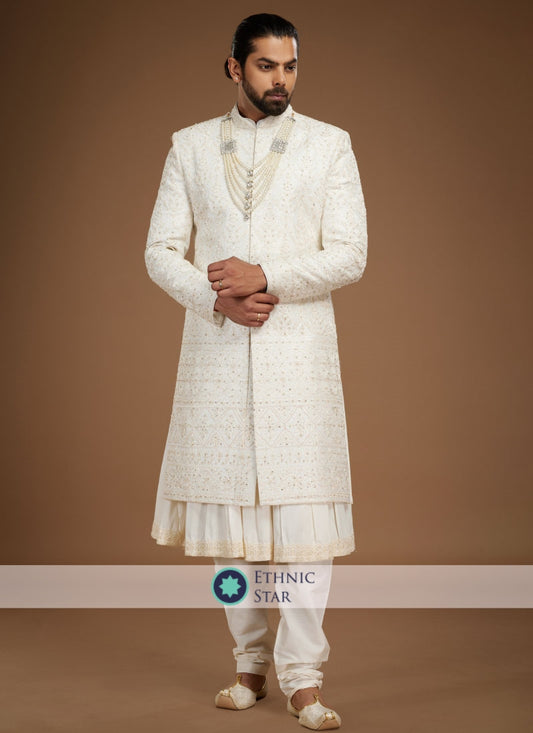 Groom Embroidered Anarkali Style Sherwani In Cream Color