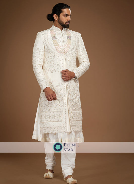 Designer Cream Embroidered Sherwani For Men