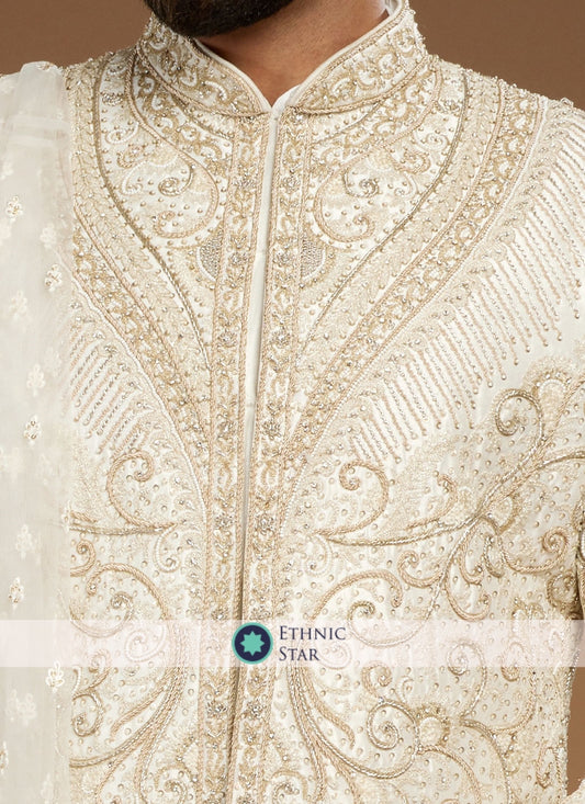 Attractive Groom Embroidered Cream Sherwani