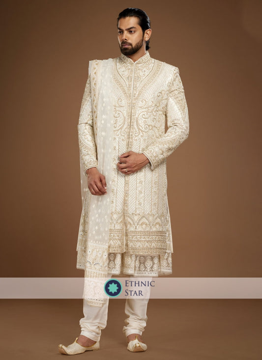 Attractive Groom Embroidered Cream Sherwani