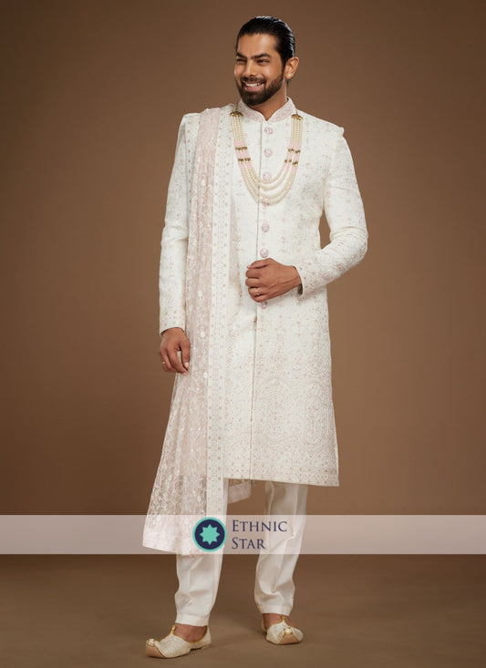 Groom White Embroidered Sherwani In Silk
