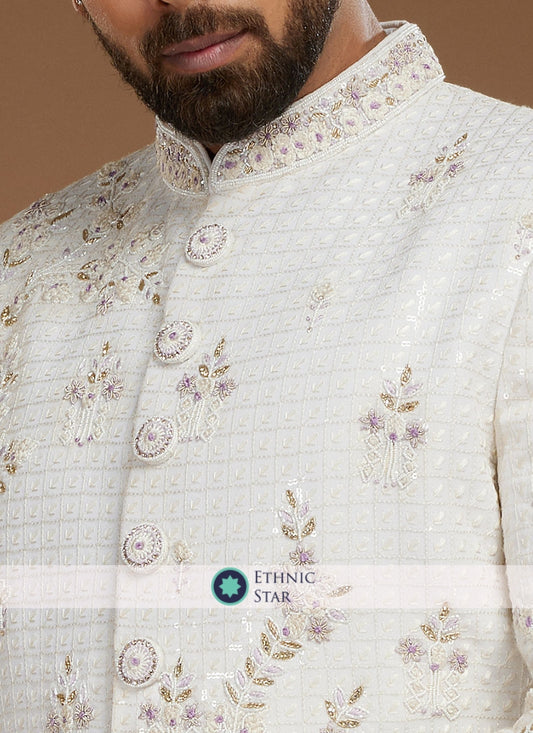 White Sherwani Set In Silk With Embroidered Work