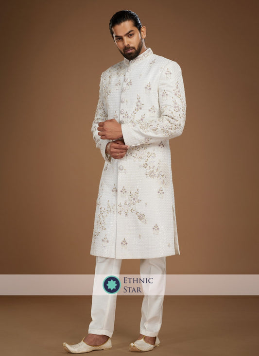 White Sherwani Set In Silk With Embroidered Work