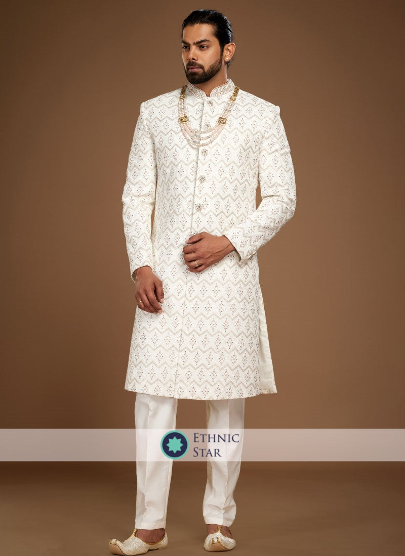 Off White Embroidered Sherwani Set In Silk