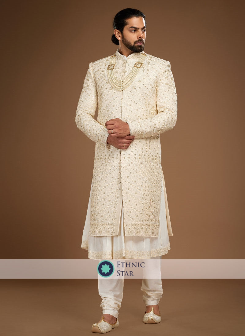 Cream Embroidered Silk Sherwani For Groom