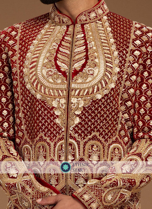Wedding Wear Maroon Embroidered Sherwani In Velvet