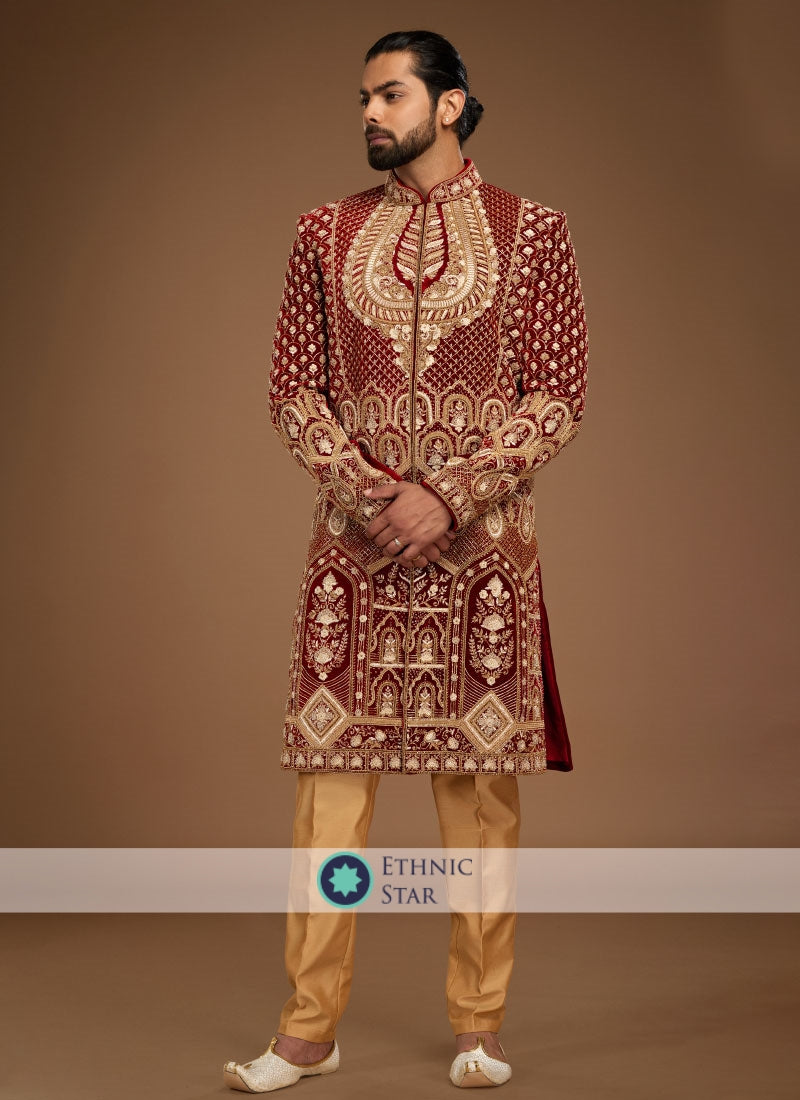 Wedding Wear Maroon Embroidered Sherwani In Velvet