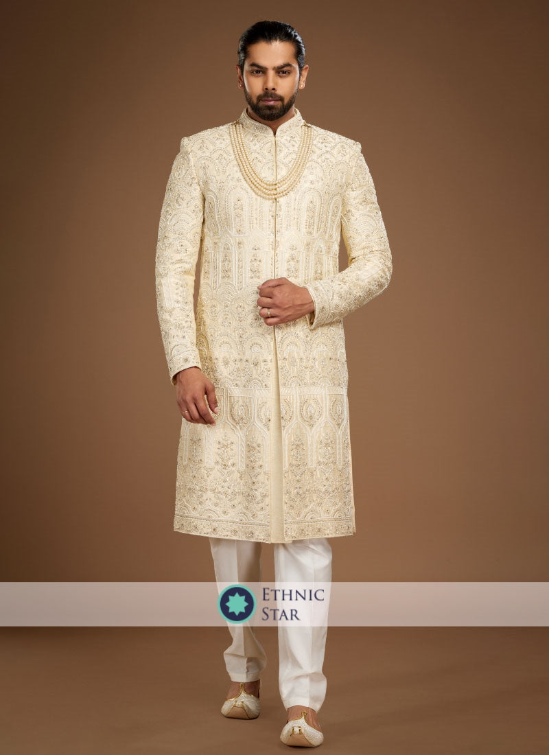 Cream Embroidered Sherwani Set In Silk