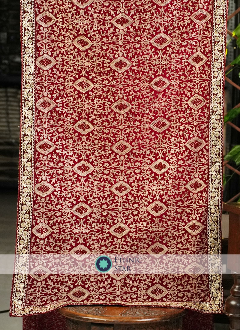 Maroon Velvet Embroidered Dupatta