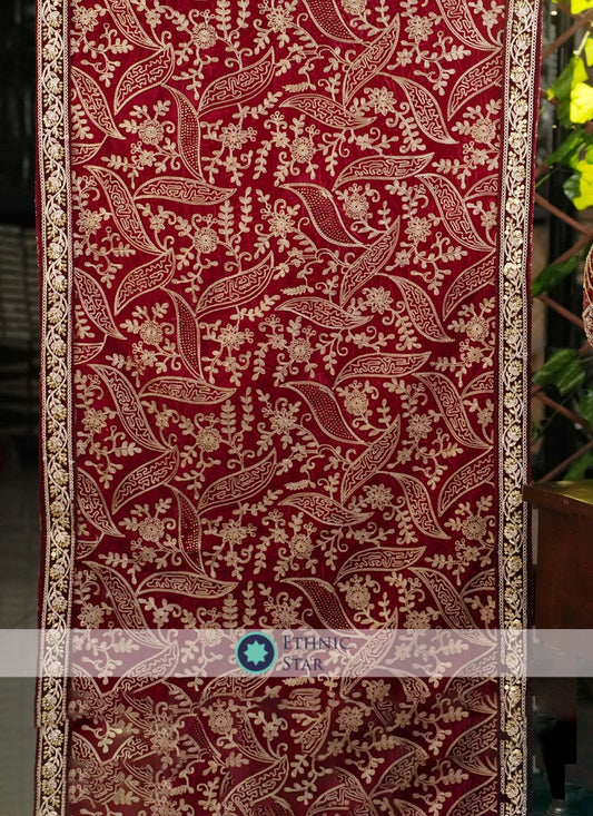 Fancy Work Desigenr Velvet Dupatta In Maroon