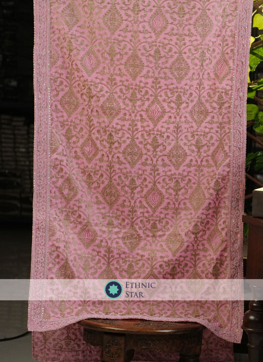 Pink Thread Work Dupatta In Velvet Fabric