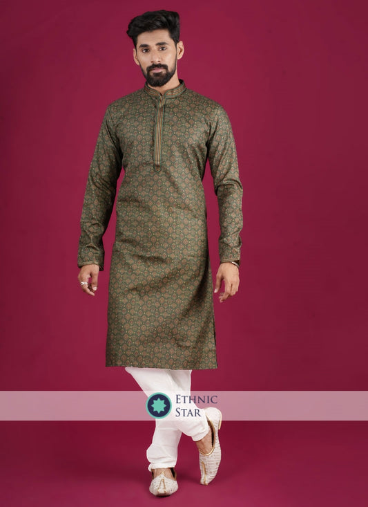 Fancy Printed Green Cotton Mens Kurta Pajama