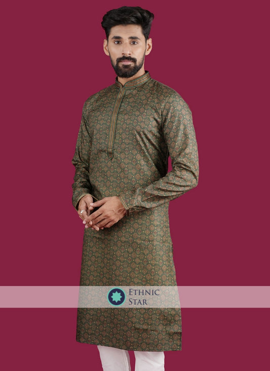 Fancy Printed Green Cotton Mens Kurta Pajama