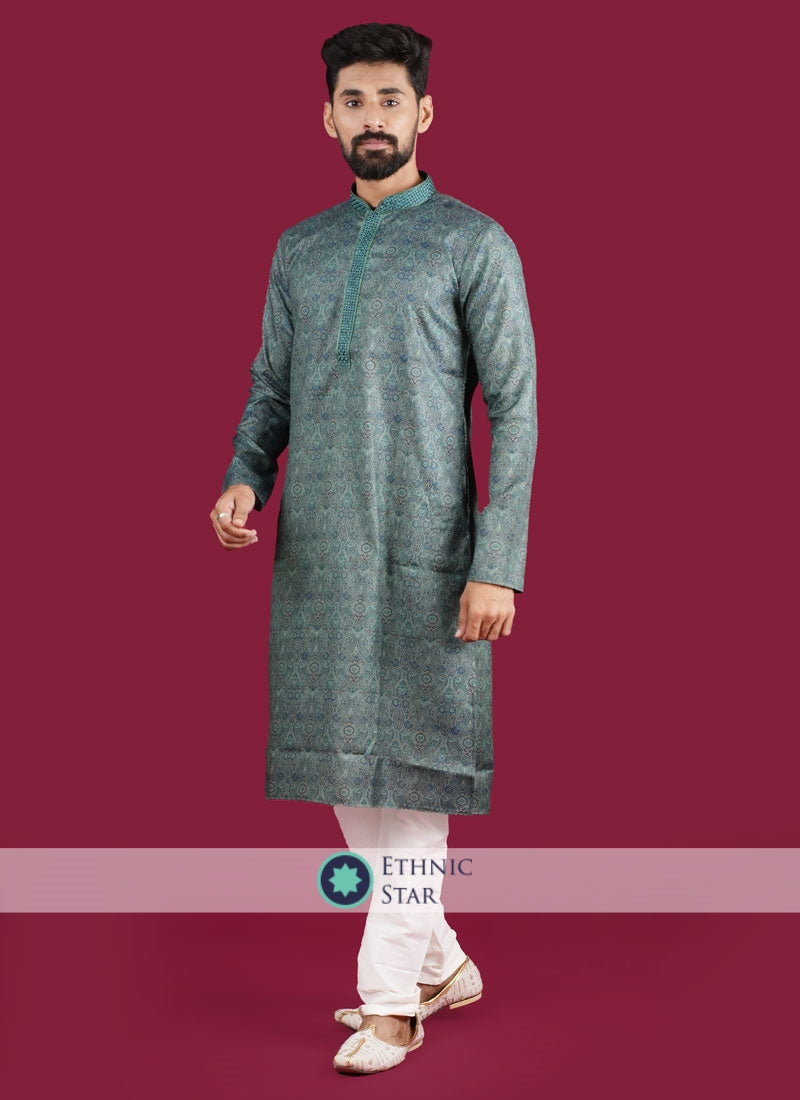 Readymade Green Color Cotton Printed Kurta Pajama