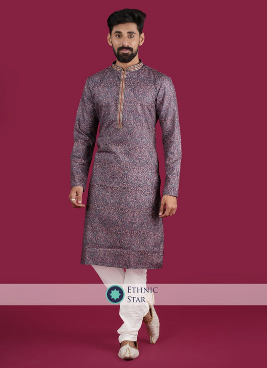 Readymade Blue Printed Kurta Pajama For Men