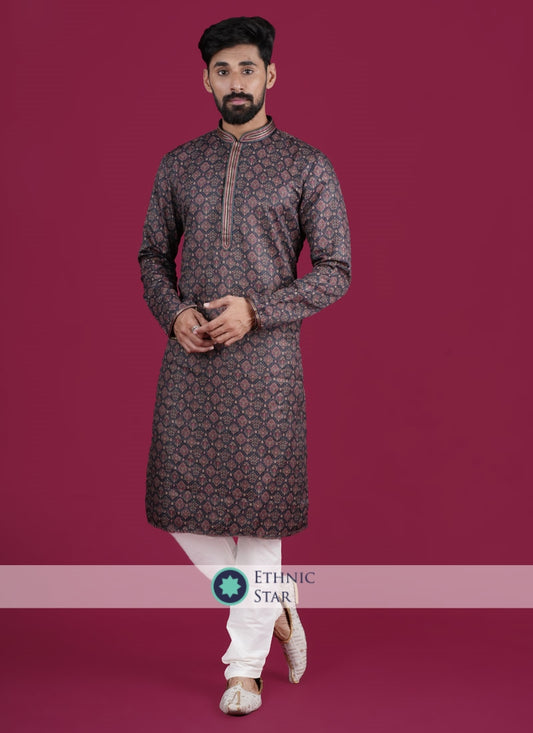 Cotton Silk Blue Printed Kurta Pajama