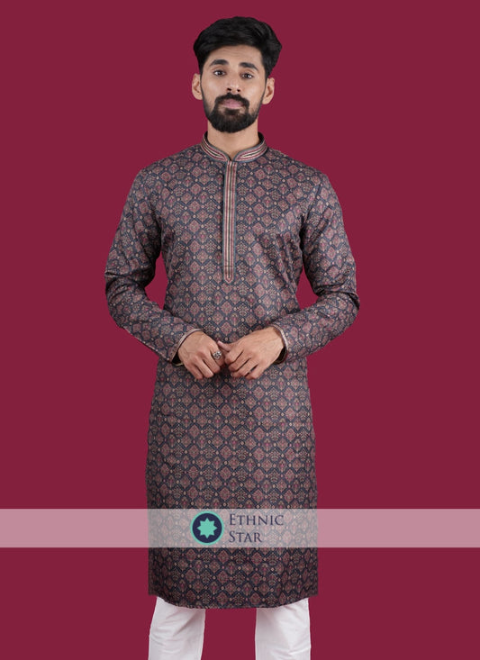 Cotton Silk Blue Printed Kurta Pajama