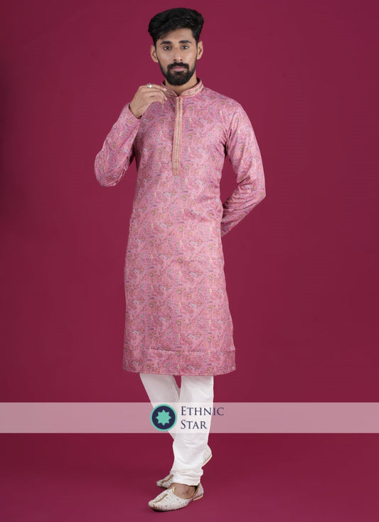 Readymade Pink Floral Printed Kurta Pajama For Men