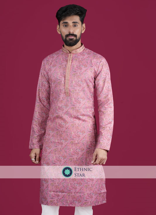 Readymade Pink Floral Printed Kurta Pajama For Men