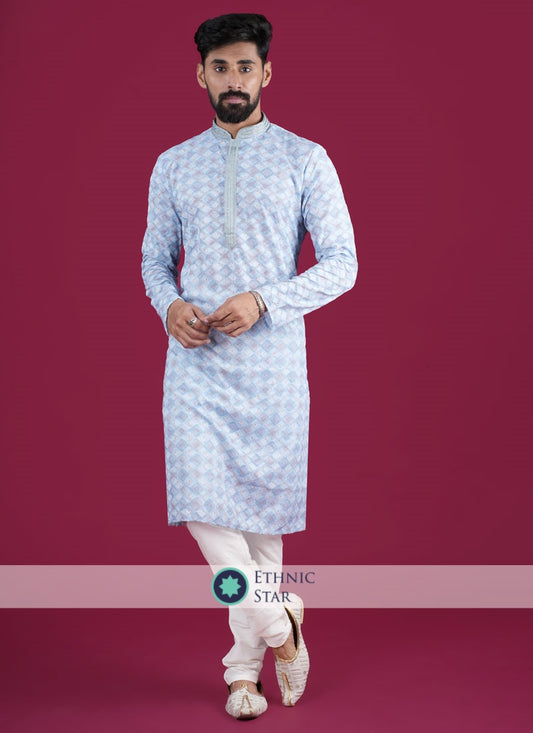 Festive Wear Sky Blue Kurta Pajama In Cotton