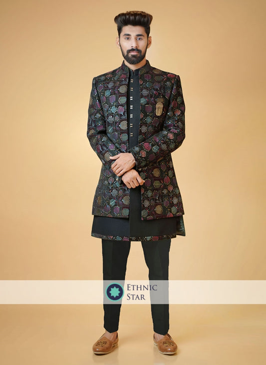 Stylish Rama Green Jacket Style Indowestern Set For Men