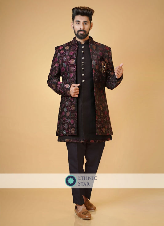 Stylish Black Jacket Style Indowestern Set For Men