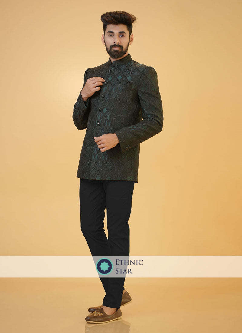 Designer Jacket Style Green Jodhpuri Suit