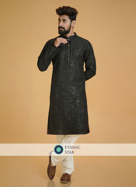 Black Silk Kurta Pajama For Men