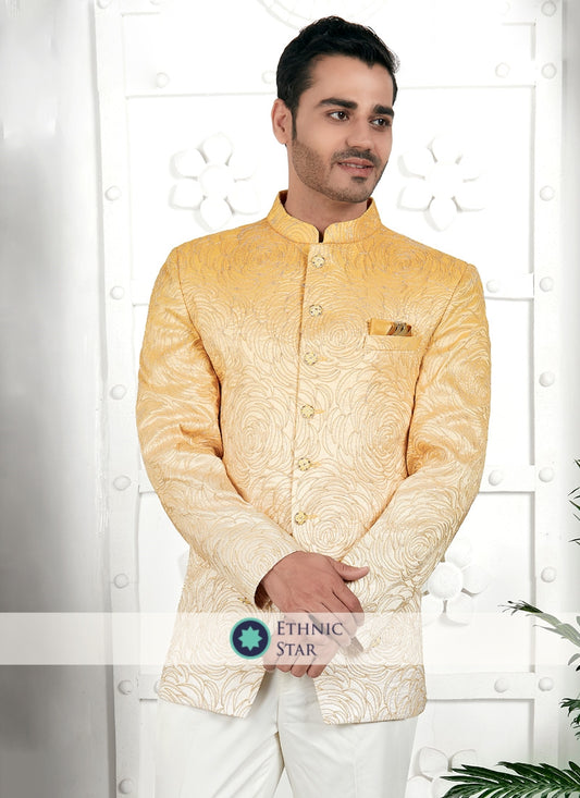 Shaded Yellow Jodhpuri Suit With Unstitched Bottom