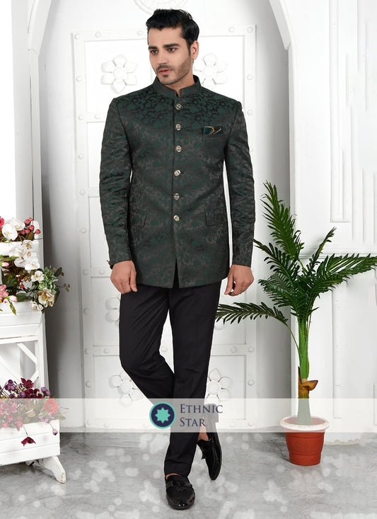 Jacquard Silk Dark Green Jodhpuri Suit