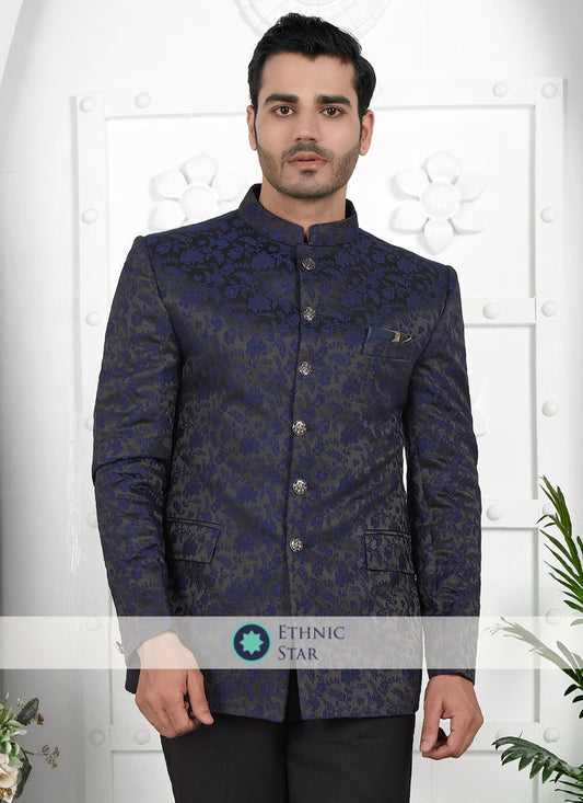 Jacquard Silk Blue Designer Jodhpuri Suit