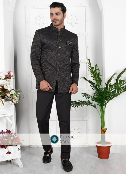 Black Jacquard Silk Jodhpuri Suit