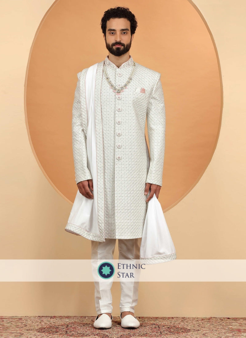 Exquisite Off White Art Silk Sherwani Set With Intricate Embroidery