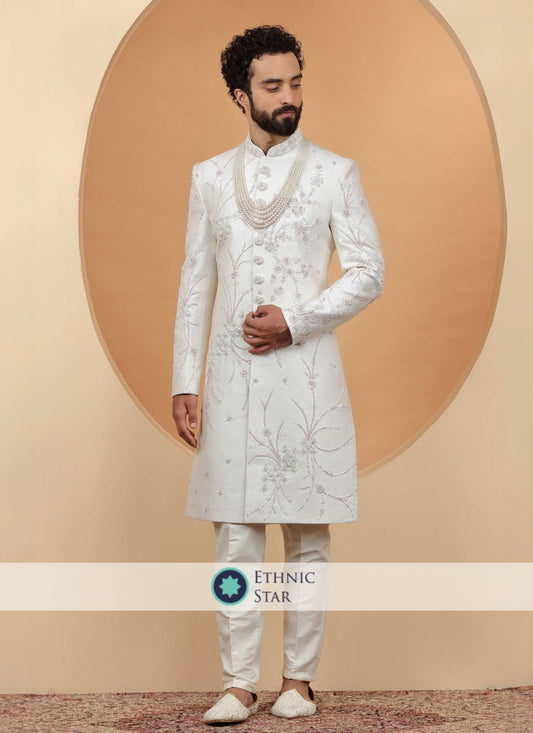 Royal White Embroidered Sherwani Set For Groom