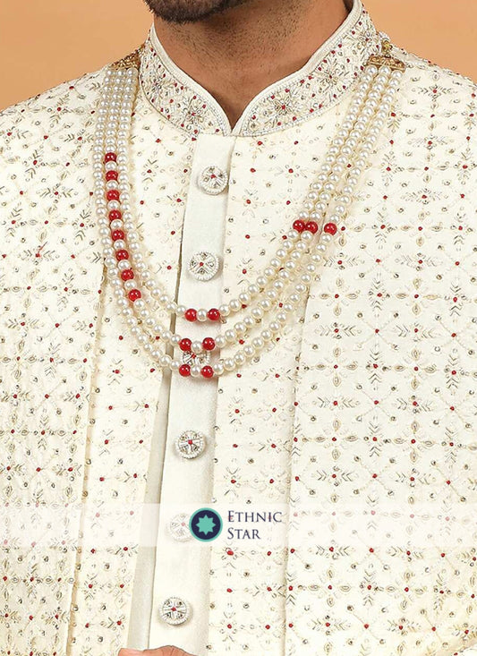 Cream Silk Embroidered Jacket Sherwani