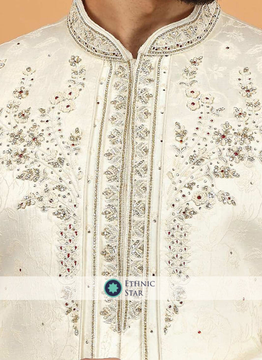 Men's Wedding Jacket Style Cream Embroidered Sherwani