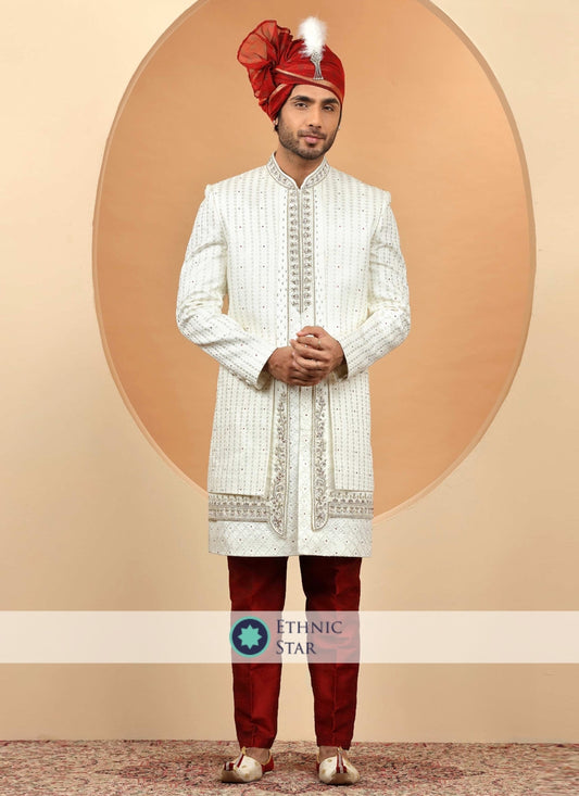 Groom Embroidered Jacket Style Sherwani Set In Silk