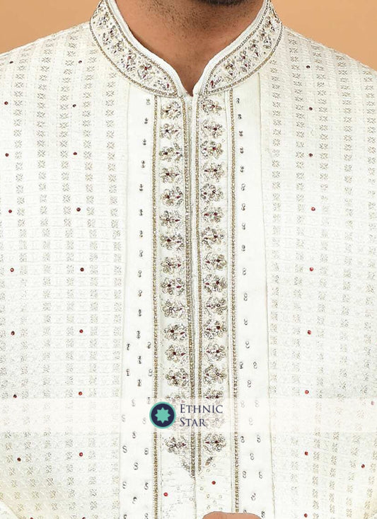 Groom Embroidered Jacket Style Sherwani Set In Silk