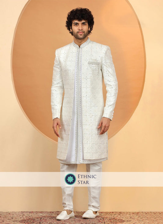 Readymade White Silk Jacket Style Sherwani With Embroidered Work