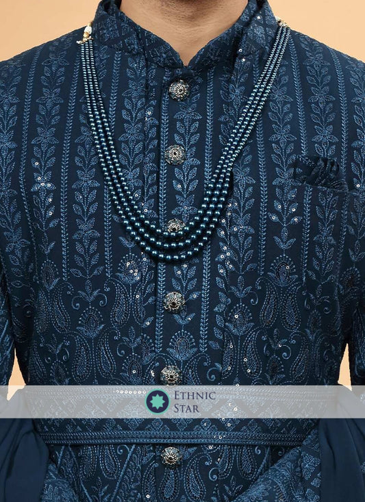 Teal Blue Chiffon Silk Jacket Style Indowestern Set For Men
