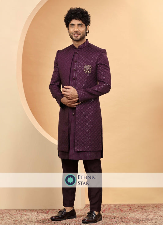 Stylish Purple Jacket Style Indowestern Set