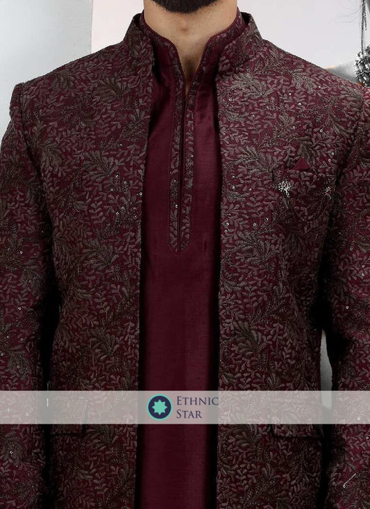 Wine Indowestern Set With Embroidered Detail