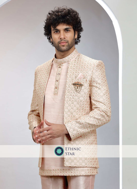 Elegant Pink Groom Jacket Style Thread Embroidered Indowestern Set