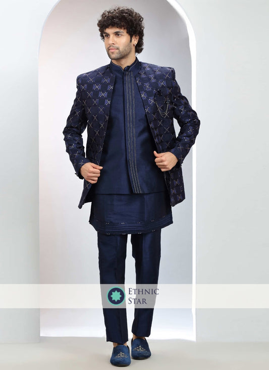 Elegant Blue Groom Jacket Style Thread Embroidered Indowestern Set